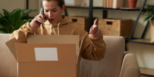 Frustrated woman looking into a cardboard box